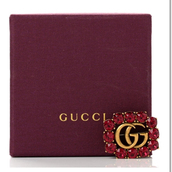 RARE! Gucci Metal Crystal Double G Brooch Aged Gold Red